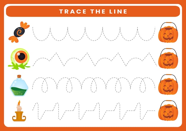 Trace the line theme halloween worksheet for kids