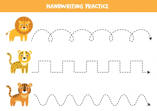 Trace the lines with cute wild cats. Handwriting practice for children.