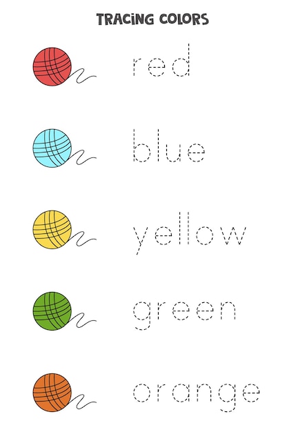 Trace names of basic colors with ball of yarn Handwriting practice