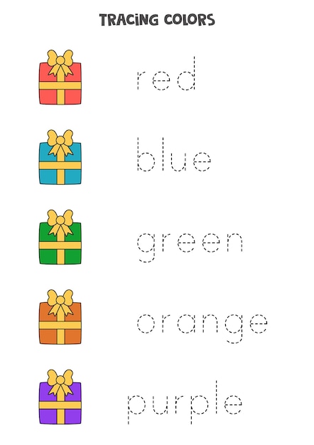 Trace names of basic colors with presents Handwriting practice