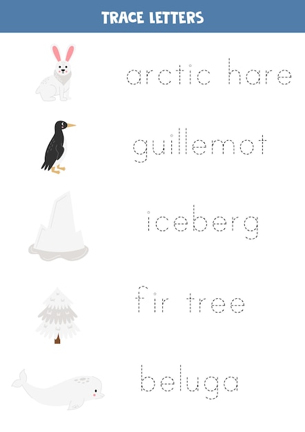 Trace the names of cute arctic animals Handwriting practice for preschool kids