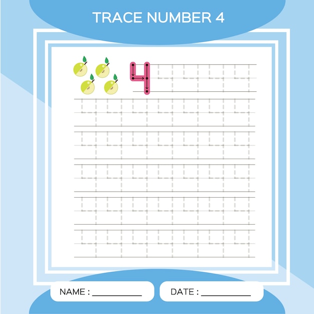 Trace number 4 Four. Children educational game. Activity For Early Years. Preschool worksheet for practicing fine motor skills.