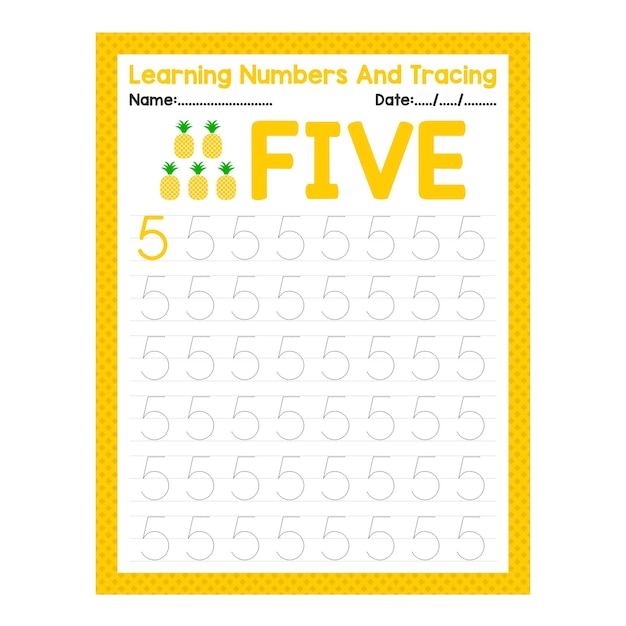 Vector trace the number five beginning tracing worksheet preschool kid activity sheet pre k back to school