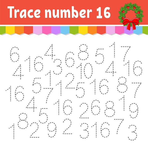 Trace number Handwriting practice Learning numbers for kids Education worksheet Christmas theme