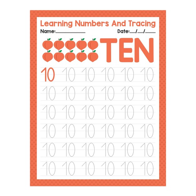 Vector trace the number ten beginning math worksheet for preschool kid activity sheet back to school