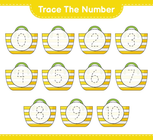 Trace the number Tracing number with Beach Bag Educational children game printable worksheet