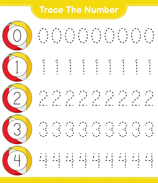 Trace the number Tracing number with Beach Ball Educational children game printable worksheet