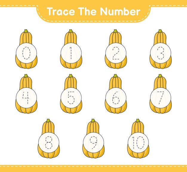 Trace the number Tracing number with Butternut Squash Educational children game printable worksheet vector illustration