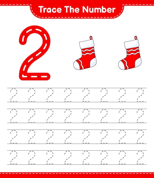 Trace the number Tracing number with Christmas Sock Educational children game printable worksheet vector illustration