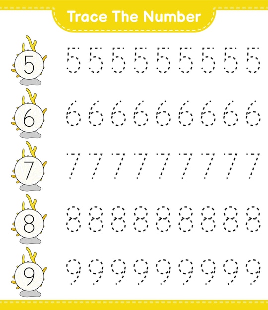 Trace the number Tracing number with Coral Educational children game printable worksheet