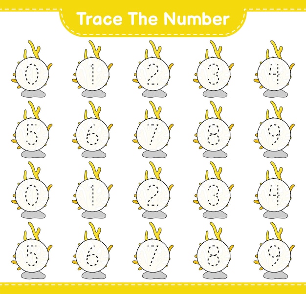 Trace the number Tracing number with Coral Educational children game printable worksheet