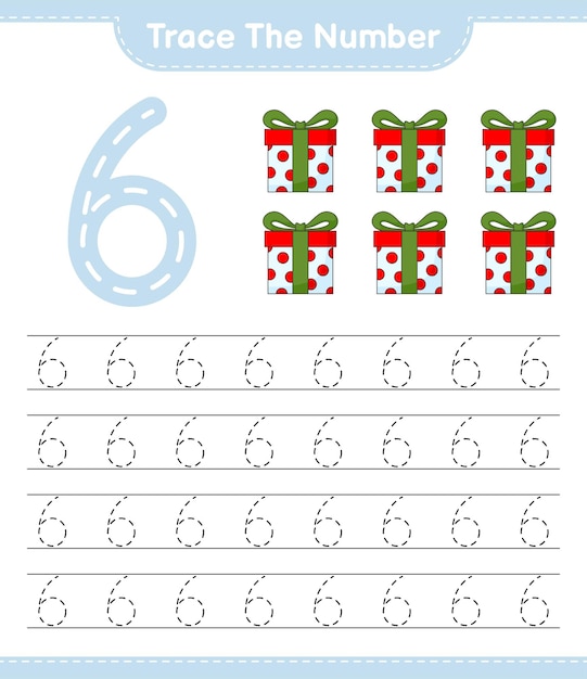 Trace the number Tracing number with Gift Box Educational children game printable worksheet vector illustration