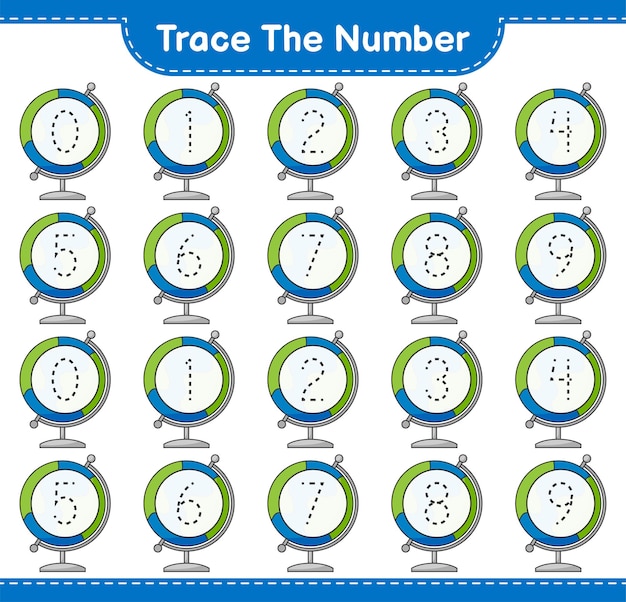 Trace the number Tracing number with Globe Educational children game printable worksheet