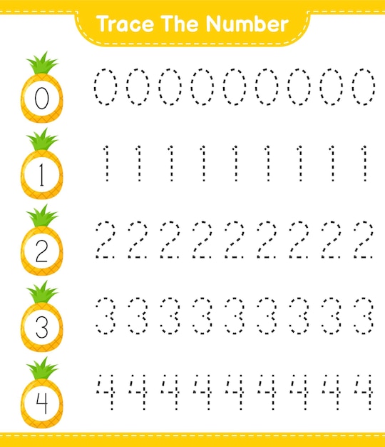 Vector trace the number. tracing number with pineapple. educational children game, printable worksheet 