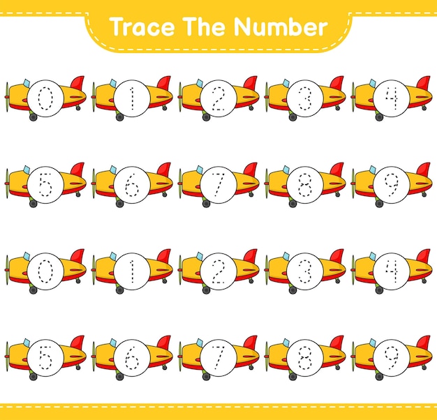 Trace the number. Tracing number with Plane. Educational children game, printable worksheet, vector illustration