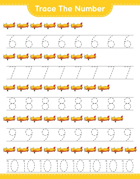 Trace the number. Tracing number with Plane. Educational children game, printable worksheet, vector illustration