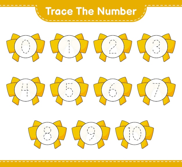 Trace the number Tracing number with Ribbon Educational children game printable worksheet vector illustration