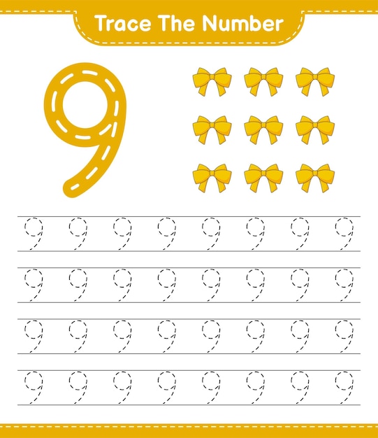 Trace the number Tracing number with Ribbon Educational children game printable worksheet vector illustration