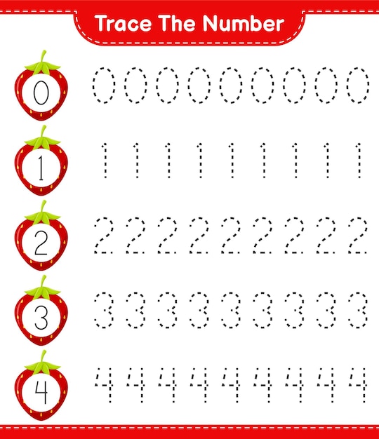 Vector trace the number. tracing number with strawberry. educational children game, printable worksheet 