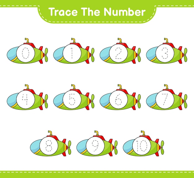 Trace the number. Tracing number with Submarine. Educational children game, printable worksheet, vector illustration