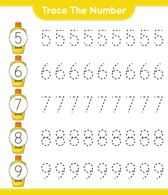 Trace the number Tracing number with Sunscreen Educational children game printable worksheet