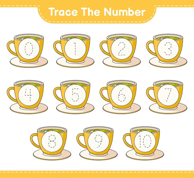 Trace the number Tracing number with Tea Cup Educational children game printable worksheet vector illustration