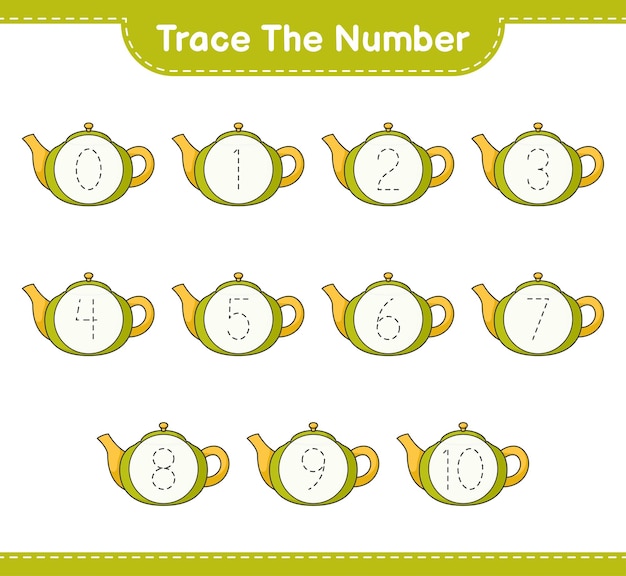 Trace the number Tracing number with Teapot Educational children game printable worksheet vector illustration