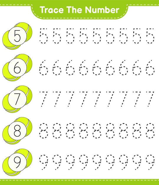 Trace the number. Tracing number with Tennis Ball. Educational children game, printable worksheet, vector illustration