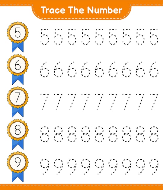 Trace the number. Tracing number with Trophy. Educational children game, printable worksheet, vector illustration