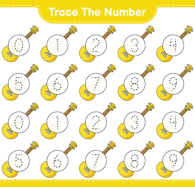 Trace the number Tracing number with Ukulele Educational children game printable worksheet