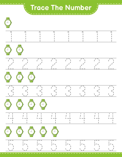 Trace the number Tracing number with Watches Educational children game printable worksheet