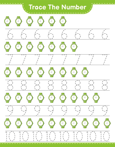 Trace the number Tracing number with Watches Educational children game printable worksheet