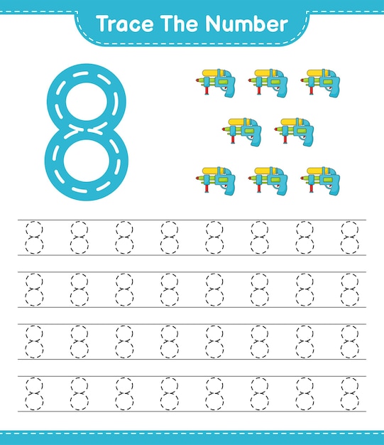 Trace the number. Tracing number with Water Gun. Educational children game, printable worksheet, vector illustration