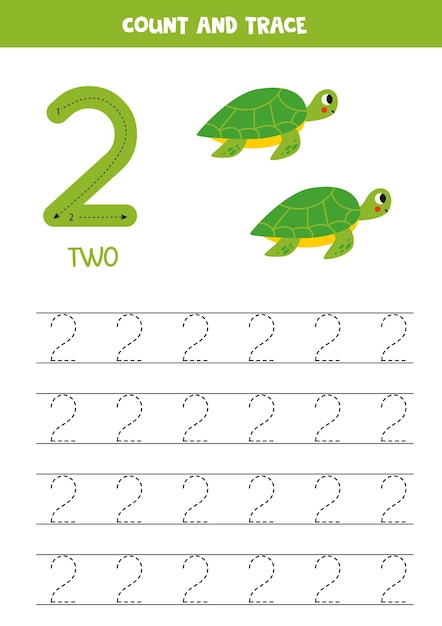 Trace numbers Number 2 two Cute cartoon turtles