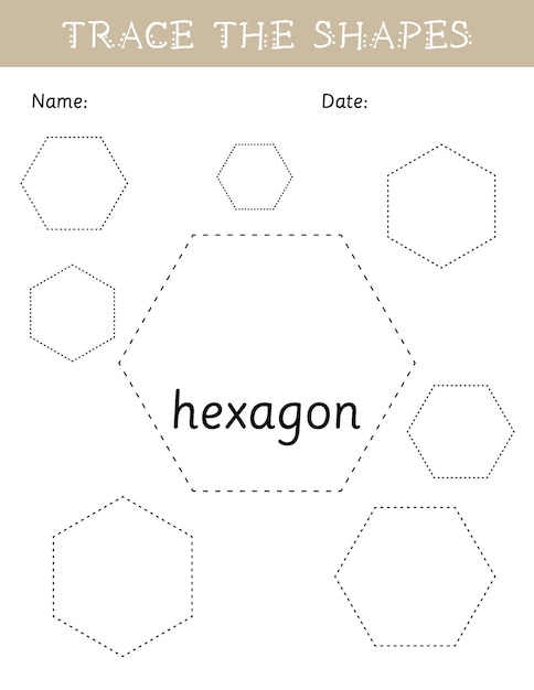 Trace the shapes, hexagon tracing practice, fine motor skills worksheet for kids, preschool math