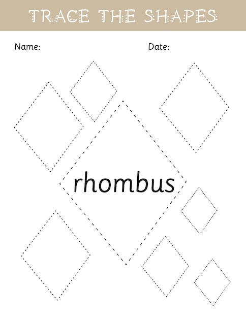 Trace the shapes, rhombus tracing practice, fine motor skills worksheet for kids, preschool math