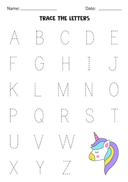 Trace uppercase letters of alphabet. Worksheet with cute unicorn.