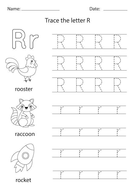 Trace uppercase and lowercase letter R. Black and white worksheet.