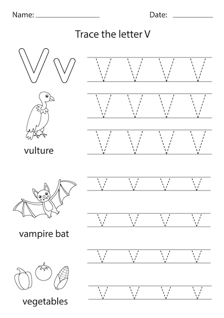 Trace uppercase and lowercase letter V. Black and white worksheet.