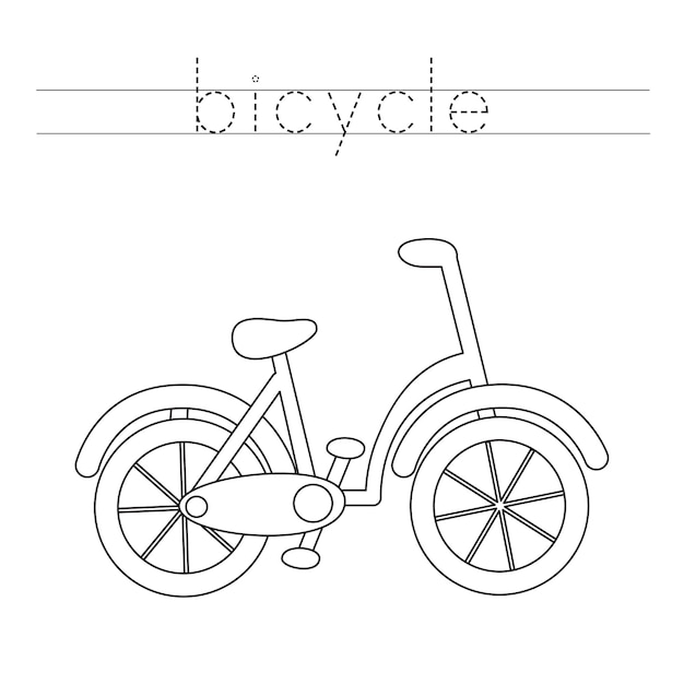 Trace the word. Color bicycle. Handwriting practice for preschool kids.