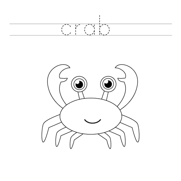 Trace word and color cute cartoon crab.