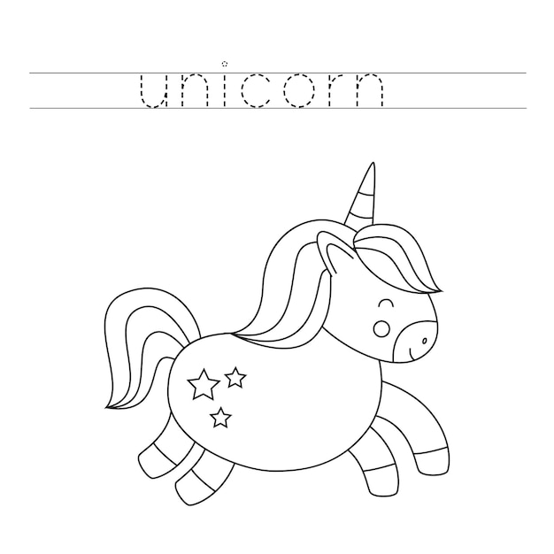 Trace word and color cute cartoon unicorn.