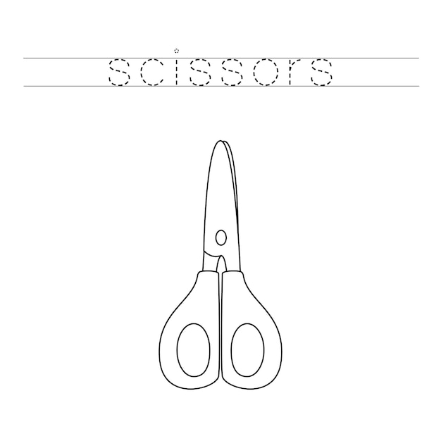 Trace word and color cute kawaii scissors.