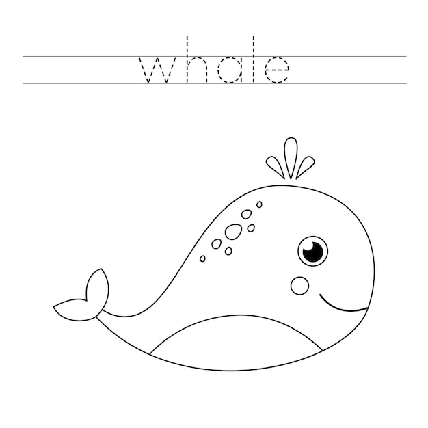 Trace the word. Cute cartoon whale. Handwriting practice for preschool kids.