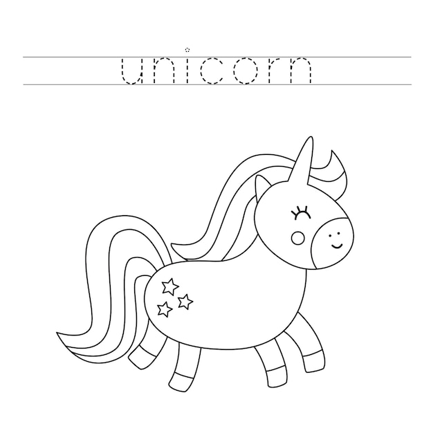 Trace the word. Cute unicorn. Handwriting practice for preschool kids.