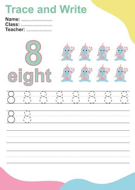 Trace and write number for children. Exercise for children to recognize the number. Educational work