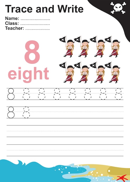 Trace and write number for children. Exercise for children to recognize the number. Vector file.