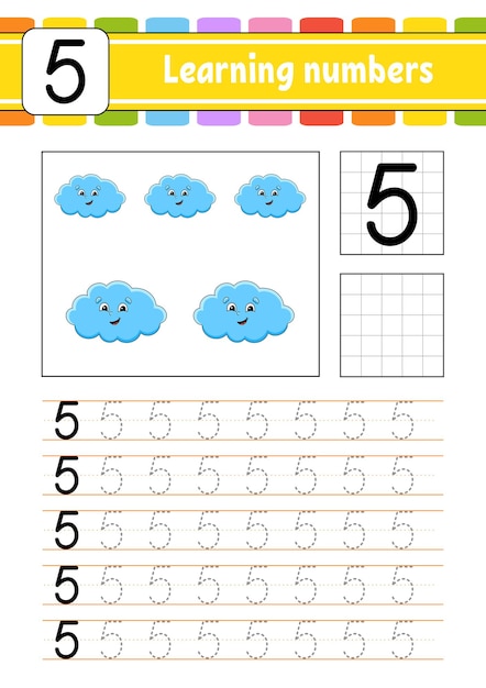 Vector trace and write numbers handwriting practice learning numbers for kids education developing worksheet activity page vector illustration