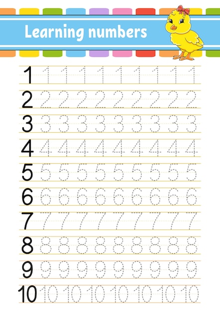 Vector trace and write numbers handwriting practice learning numbers for kids education developing worksheet activity page vector illustration