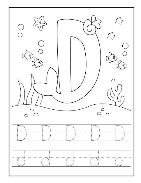 Tracing alphabet worksheet with cute mermaid